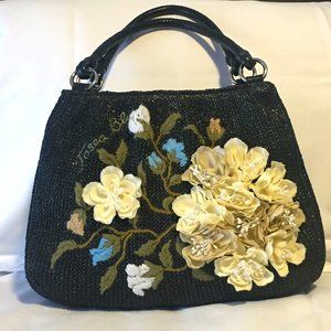 Tosca Blu Tote Handbag Black Woven Crewel Applique